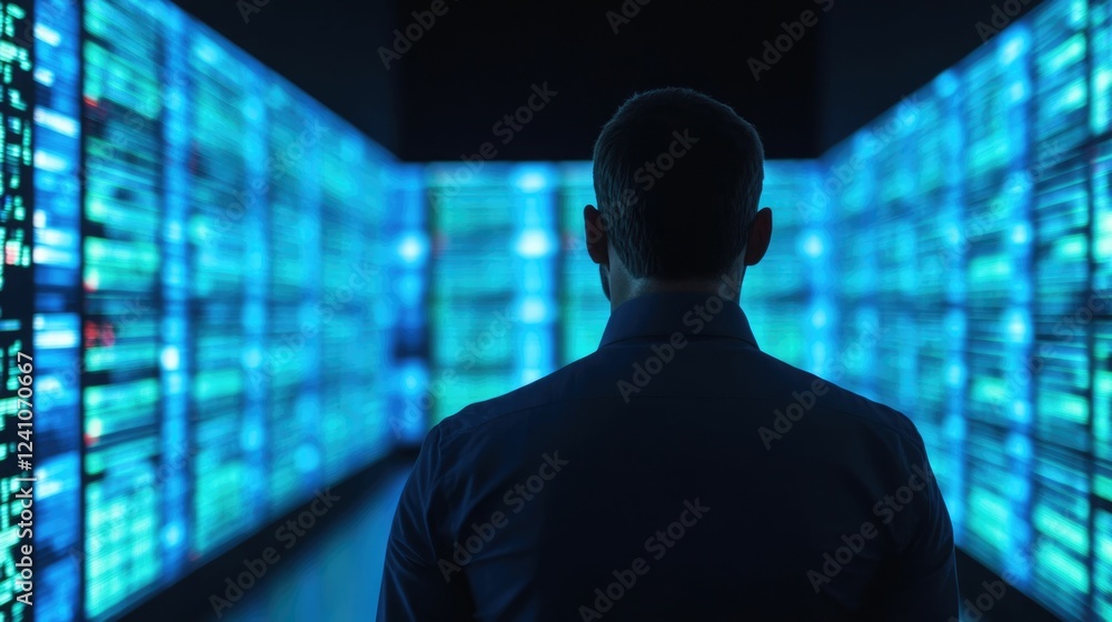 Poster corporate supply chain executives analyzing real time data analytics and visualizations on a large d