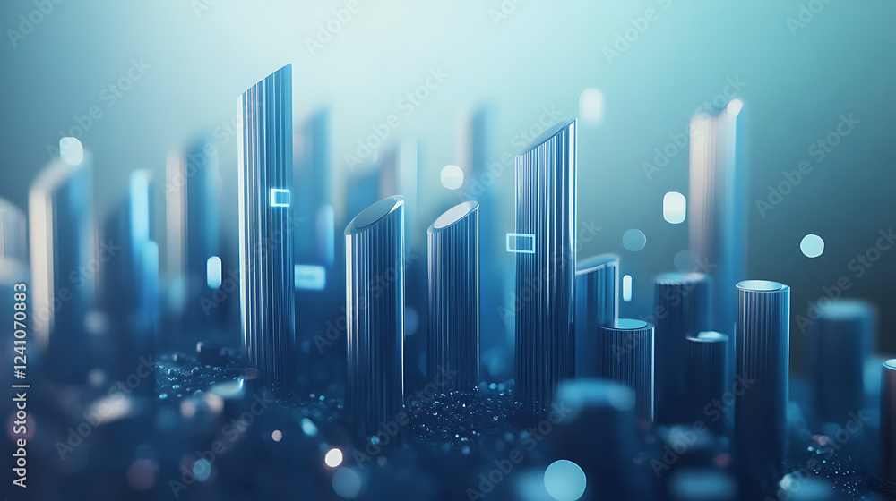 Poster a futuristic digital landscape with towering, glowing structures against a soft blue background, cre