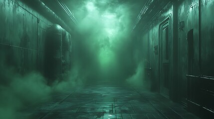 Green-lit hallway, smoke, industrial setting, mystery, game background