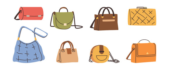 Fashion items from boutiques, isolated stylish women purses and bags with handles. Vector shops and stores assortment of products and accessories for ladies, leather and textile material