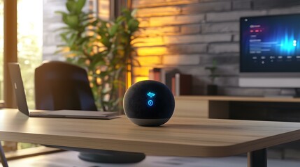 A minimalist modern workspace with a smart speaker and floating digital reminders.