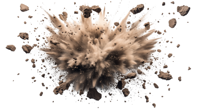 Photo of a dirt pile explosion, isolated on Transparent PNG format background. 