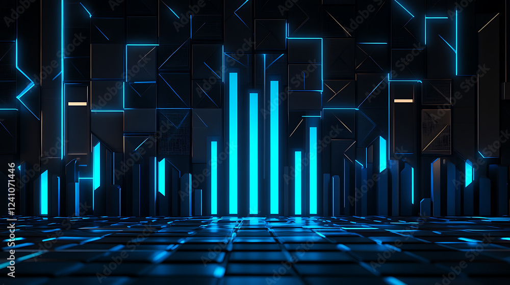 Poster a futuristic digital landscape featuring glowing blue bars and patterns, creating a high-tech visual
