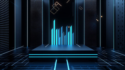 A futuristic digital display featuring blue bars on a platform, set against a dark, high-tech background with geometric shapes.