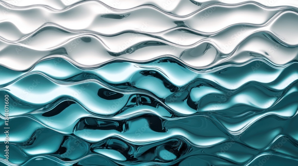 Poster sleek metallic silver and deep teal gradient waves creating a fluid texture with subtle reflections