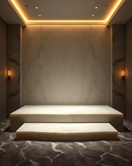 Modern Minimalist Marble Interior with Raised Platform, Warm Lighting, and Elegant Wall Sconces