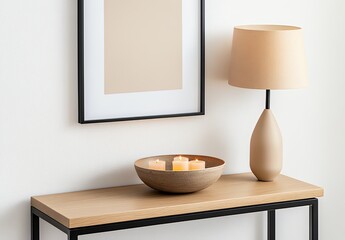 Modern Home Decor Beige and Brown Console Table with Candles and Lamp