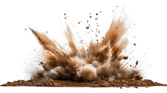  Photo of a dirt pile explosion, isolated on Transparent PNG format background. 