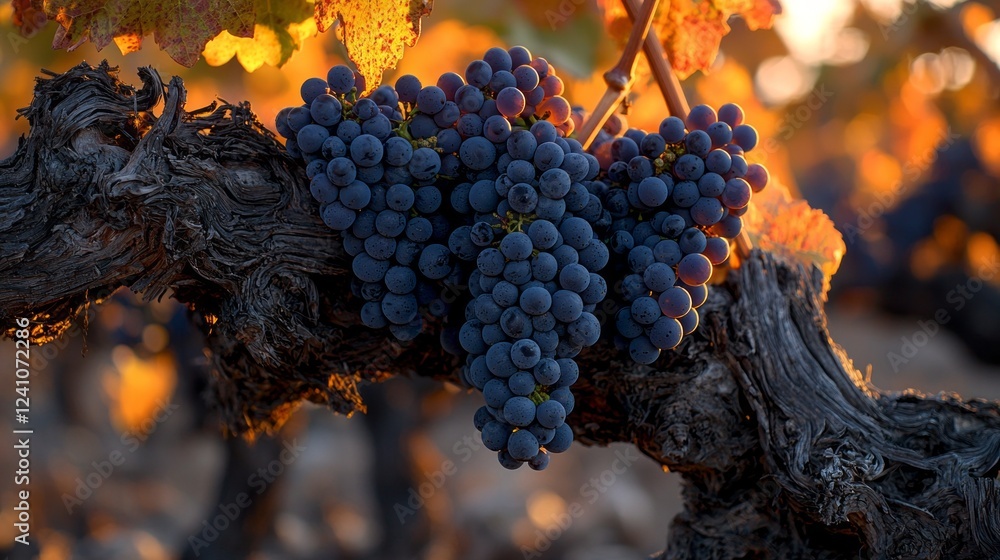 Poster lush grape clusters dangle from twisted vines, basking in the warm glow of a setting sun. the golden