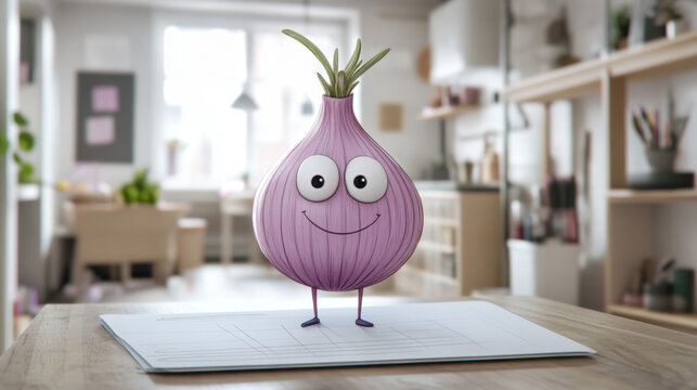 Purple Onion Character With a Friendly Smile in a Modern Kitchen Setting During Daylight