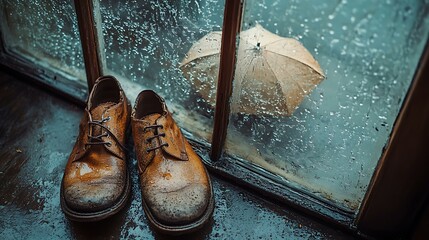 A pair of worn shoes and a weathered umbrella resting near a rain-splattered window, evoking nostalgia on a rainy day.