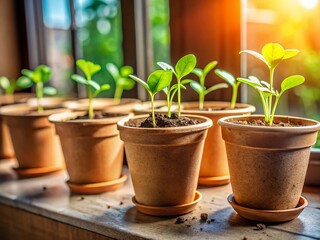 Eco-Friendly Seedlings in Biodegradable Pots Basking in Sunlight - Sustainable Gardening Stock Photo
