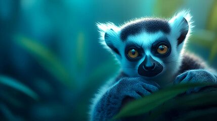 Fototapeta premium A curious lemur peers through lush foliage in a mystical forest, showcasing its vibrant eyes and playful demeanor.