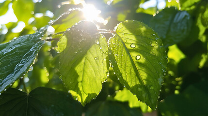 Vibrant Green Leaf with Water Droplets in Sunlight Close-Up