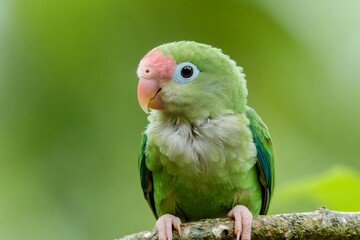 Brown hooded parrot perched on a branch in a green background