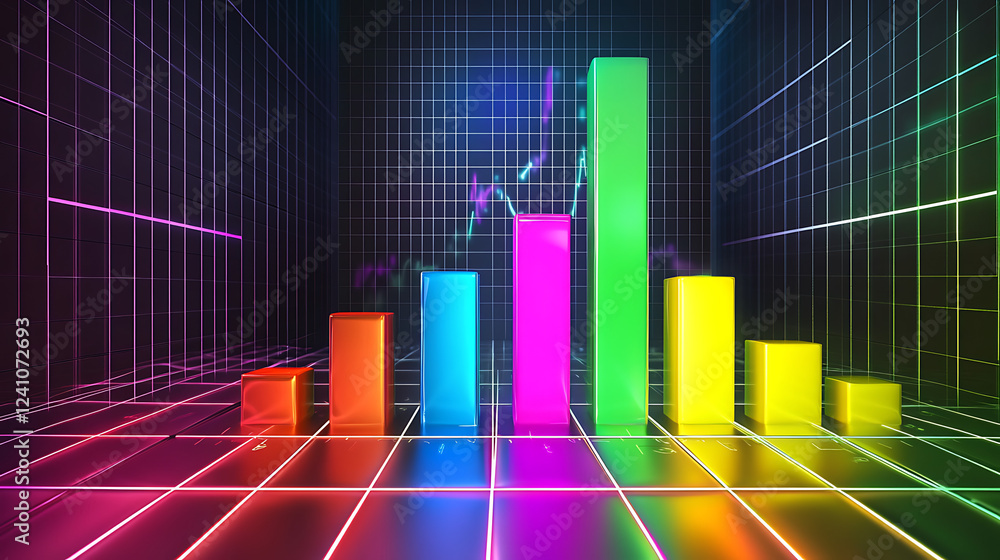 Poster a vibrant 3d bar graph in neon colors, representing data visualization in a digital landscape with a
