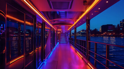 Obraz premium Luxury Evening Cruise on a Colorful River with Illuminated Architecture and Scenic City Skyline