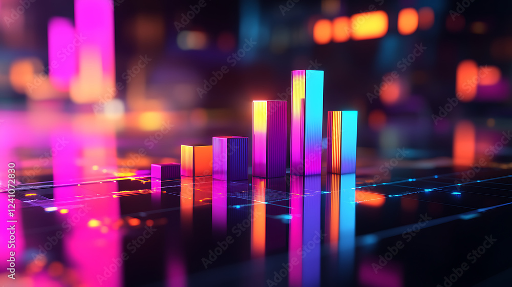 Poster a vibrant, digital representation of data with colorful bars and a glowing background, depicting tre