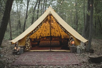 Glamping tent illuminated with string lights in a forest setting