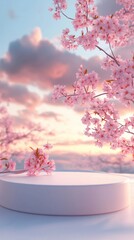 White round podium surrounded by with snow and pink color, pink sakura