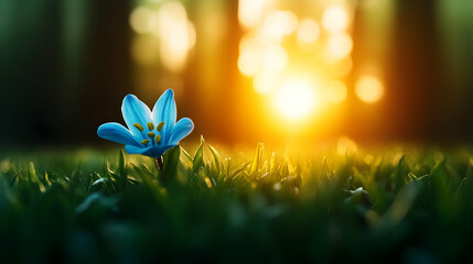 A delicate blue flower blooms in a sunlit green field, embodying nature's beauty and tranquility.
