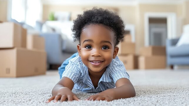 Happy toddler boy smiles on new carpet in new home