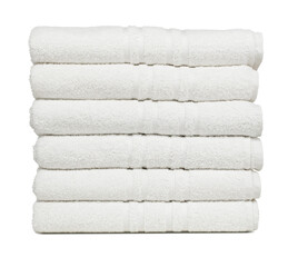 Stack of white plush hotel towels, isolated on transparent background