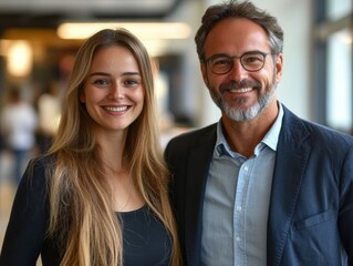 full body shot of smiling of businesswoman and  businessman with blurred office background.