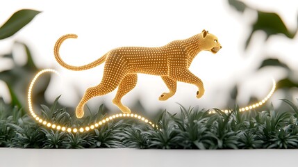 Obraz premium Golden cheetah leaping, jungle backdrop, light trail