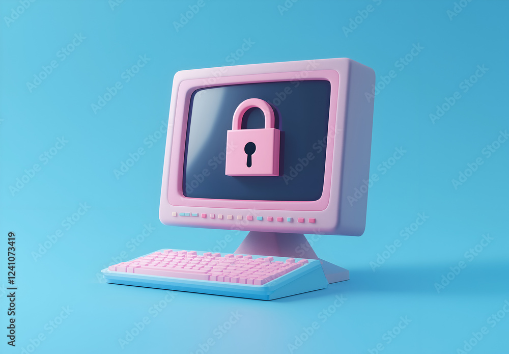 Wall mural 3d rendering of a computer with a lock icon on a blue background.