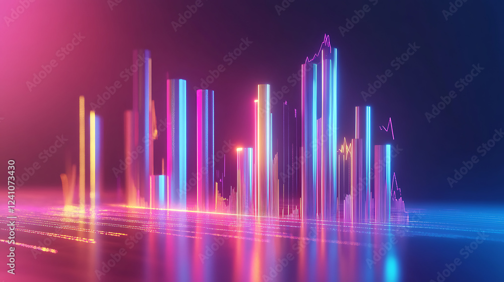 Poster a vibrant, dynamic visualization of sound waves with colorful bars shining against a dark background