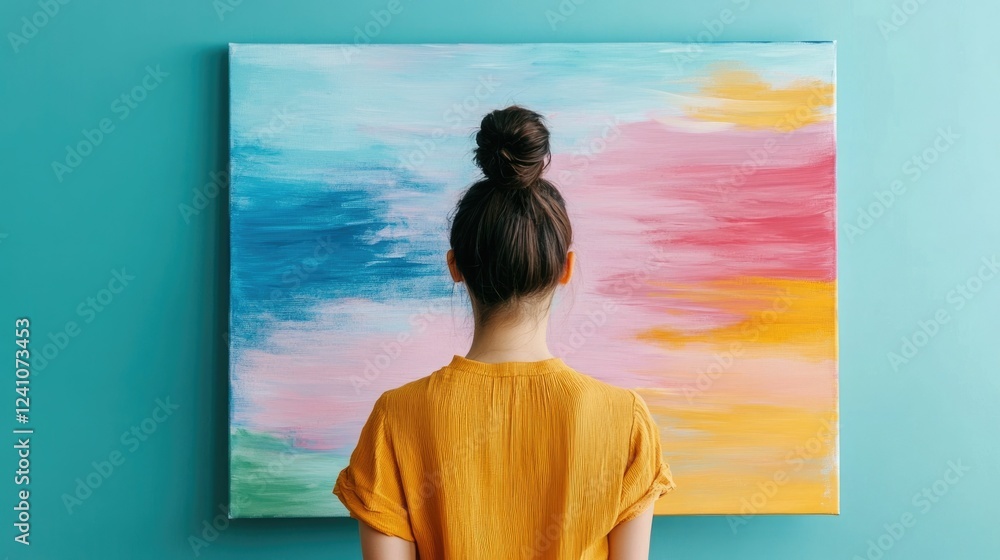 Poster expressive abstract art creation in minimalist room vibrant brushstrokes on canvas by creative woman