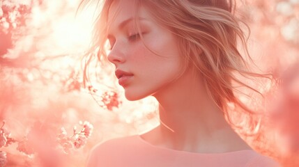 Fototapeta premium Soft pastel pink gradient portrait with blurred floral elements and diffused light