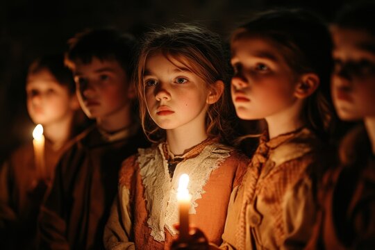 A gothic orphanage with children in ragged clothes standing in the shadows, their faces partially illuminated by a dim candlelight