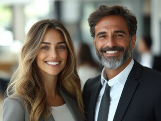 Fototapeta premium full body shot of smiling of businesswoman and businessman with blurred office background.