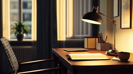 Cozy home office desk at dusk, illuminated by a desk lamp, featuring a notebook, tablet, and a mug.