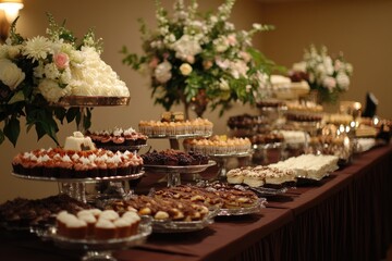 Naklejka premium Delicious cakes and pastries displayed on a table for a wedding reception
