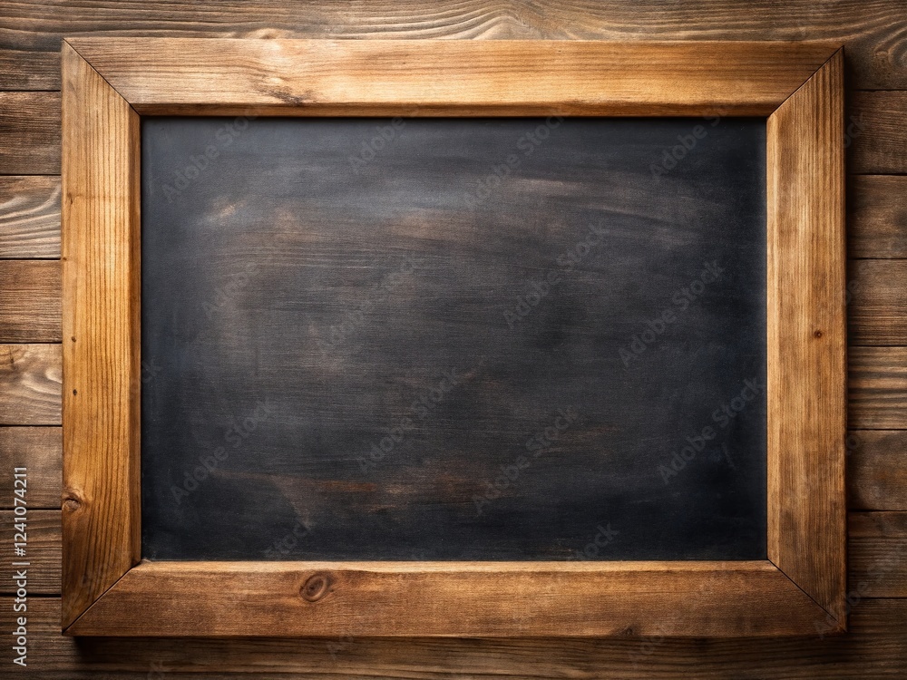 Poster empty rustic chalkboard with wooden frame - isolated on transparent background - low light photograp