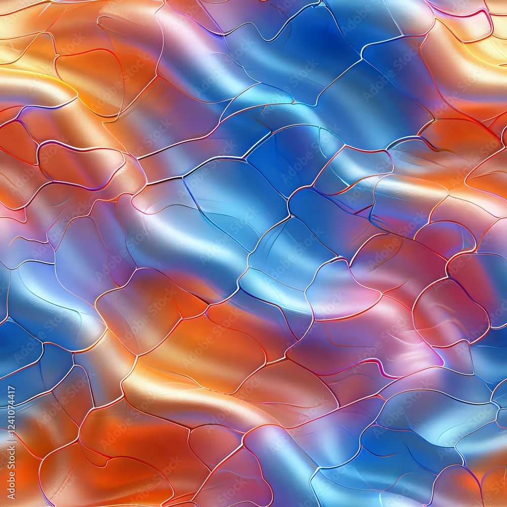 Poster Abstract seamless pattern with wavy lines and metallic gradient effect in blue and orange colors creates dynamic flowing movement. Tiles into continuous background.