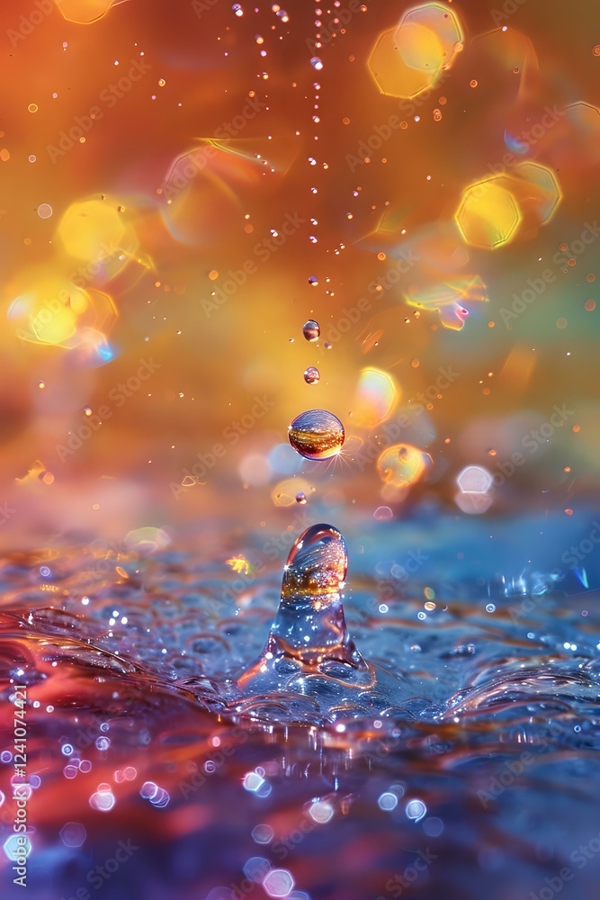 Aufkleber water drop splash creating crown shape with floating droplets against sunset bokeh background, captu