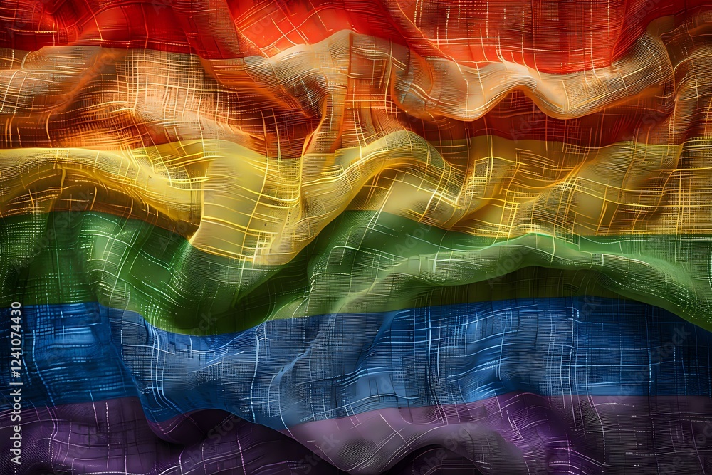 Poster Rainbow pride flag with wavy texture and crosshatch pattern overlay creates dynamic movement and modern artistic interpretation for equality concepts.