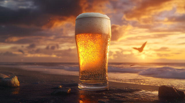 A refreshing glass of Pilsner beer with bubbles rising, sitting on a stone table with a vibrant background of a summer sunset over the beach.