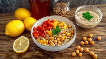 Colorful Quinoa Bowl With Vegetables, Chickpeas, and Sauce Ready for a Healthy Meal