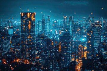 Obraz premium Futuristic network connecting skyscrapers in smart city at night