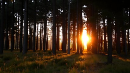 unrise in the forest, with the first light peeking through the trees, casting soft golden hues over the natural landscape and creating a peaceful and serene atmosphere.