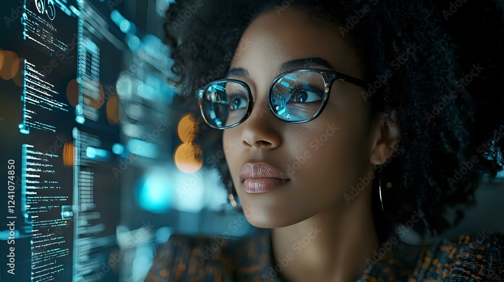 Poster young african american woman in glasses looking at programming code interface with blue digital disp