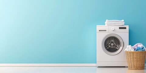 White washing machine with stack of towels and wicker laundry basket on a blue background. Home laundry and cleaning concept. Flat lay composition with copy space.