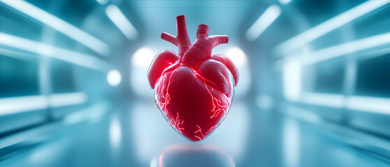 A detailed, vibrant depiction of a human heart symbolizing life and vitality in a futuristic setting.