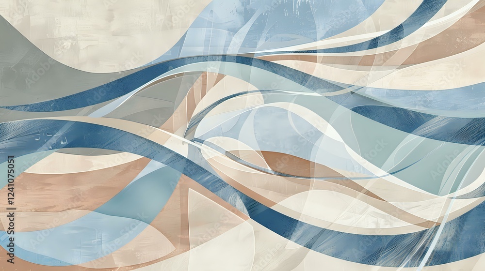 Poster flowing abstract waves in soft blue, beige and gray tones create gentle movement across horizontal c