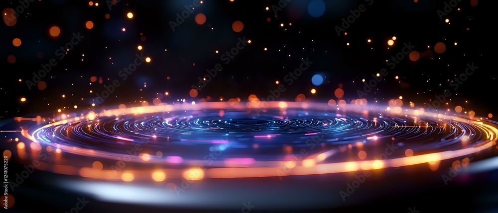 Poster glowing spiral of light with orange and blue particles creating dynamic motion effect against dark b